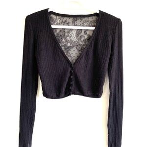 BLACK PRIMARK CROPPED CARDIGAN SHEER LACE BACK BUTTONS RIBBED KNIT PILLING